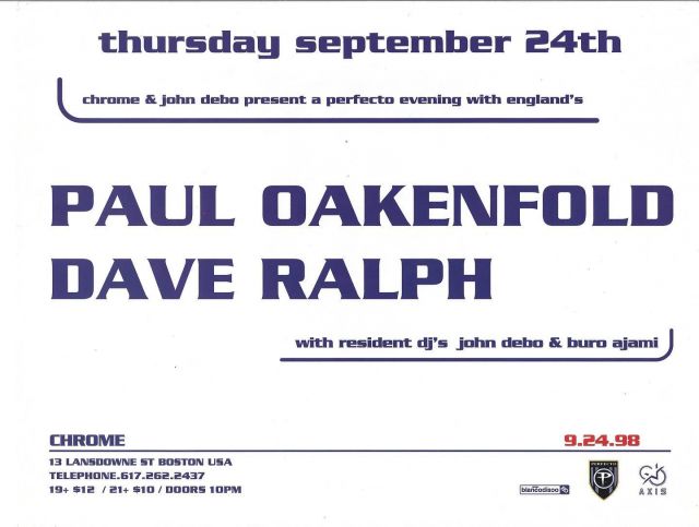 This week we take a trip back to sept of 1998 with @pauloakenfold @iamdaveralph @johndebo @perfectorecords 
.
.
.
#progressivehouse #perfecto #chromeboston #chromworldwide #progressivehousehistory