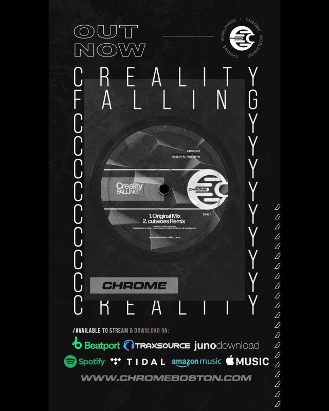 Happy Release Day! We are happy to share with you the next Chrome release featuring NY duo @crealitymusic for their first official release. Falling is a hypnotic techno prog track that comes with an infectious vocal that keeps you right on the edge. On remix duties we have Boston native @cutwoes returning with a tripped out 2step/d&b pass on the original. Available on all outlets to download & stream.
.
.
.
#techno #chrome #chromeboston #chromeworldwide #beatport #drumandbass #progressivehouse #spotify #tidal #traxsource